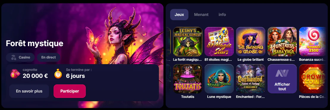 NV Casino tournoi Forêt mystique avec cagnotte de 20 000 €, jeux à thème fantastique et six jours restants
